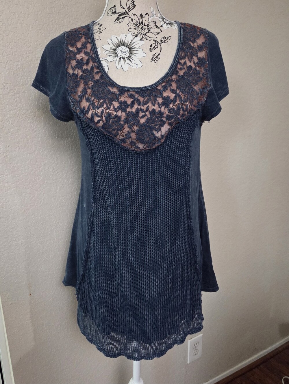 Women's Navy Lace Yoke Knit Top